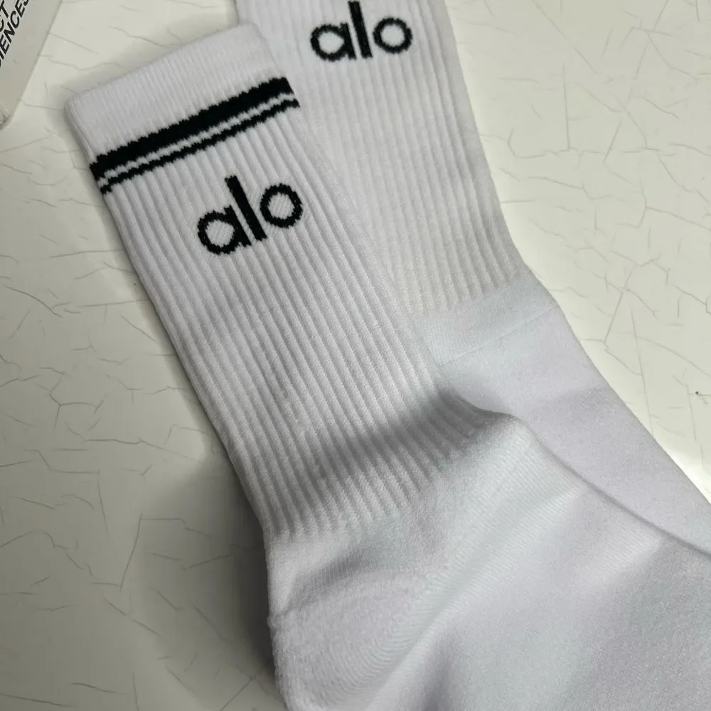ALO Yoga White Athletic Socks with Black Stripe tall